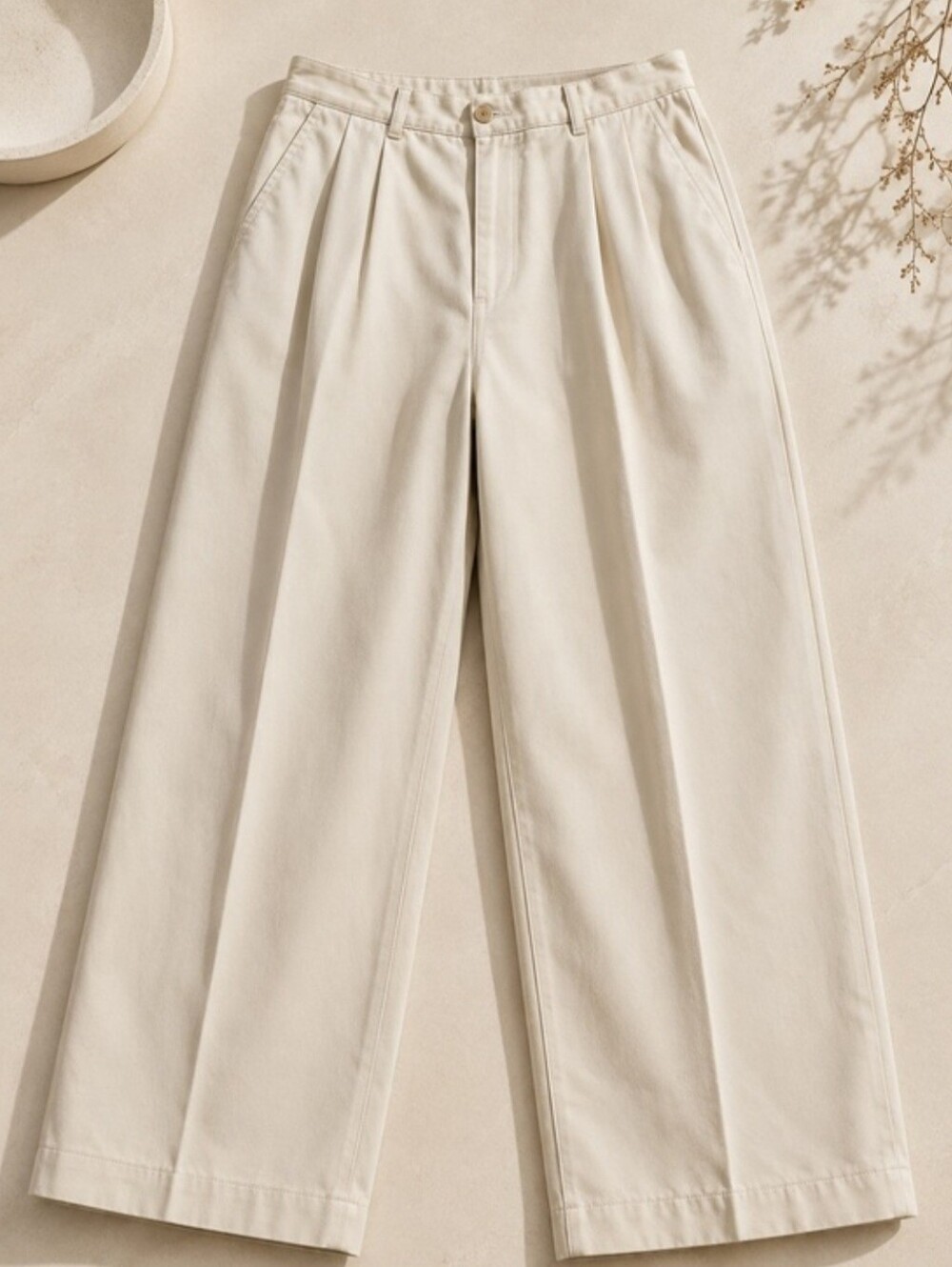 L.L. Bean Wide-Leg Pleated Trousers in Light Beige